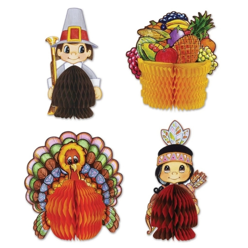 4 Thanksgiving Beistle Honeycomb  Decor Turkey, Indian, Pilgrim & Cornucopia